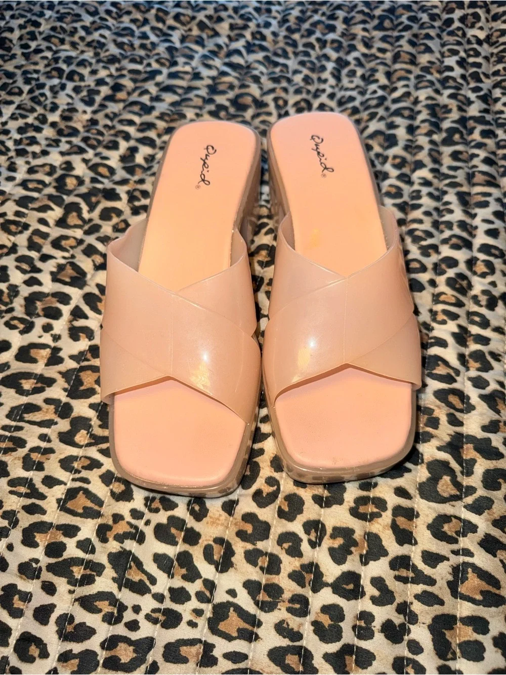 Qupid Blush Pink Crossband Block Heel Slides